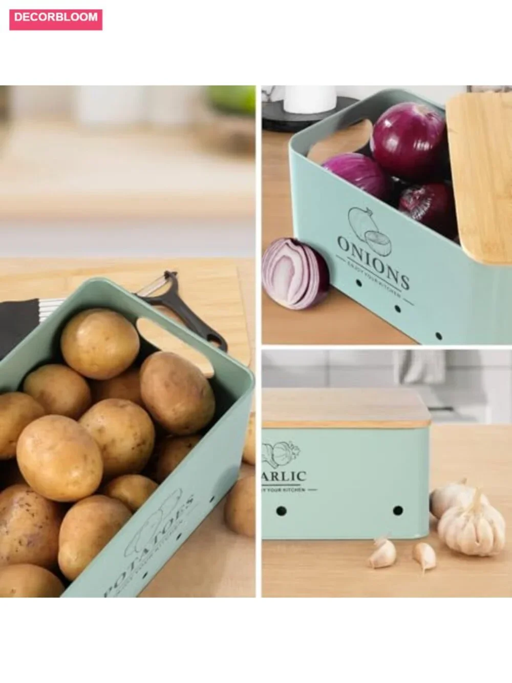 Metal Vegetables Storage Set Of 3 With Bamboo Lids Kitchen Organizer Containers